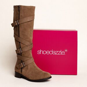 Moto Cecily Boots Women’s 8 Taupe Knee High Buckle Zip Faux Suede New Y2K Winter